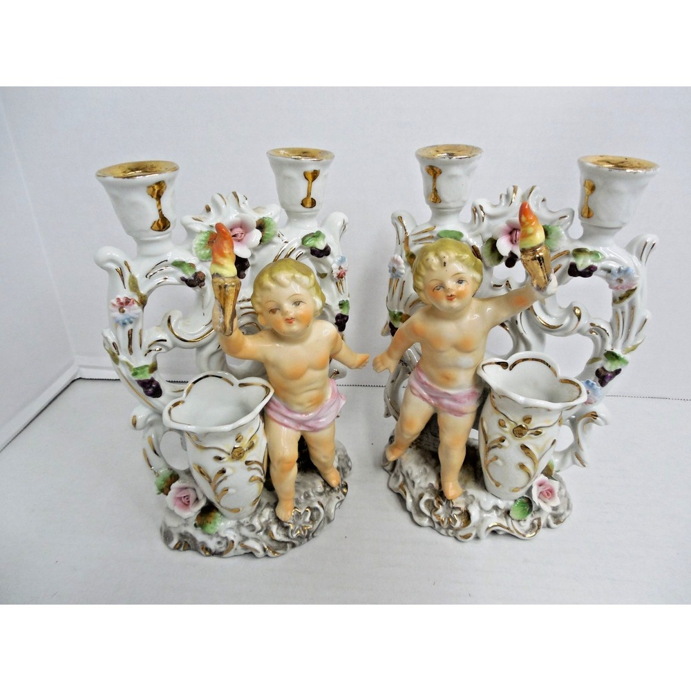 Vintage Ucagco  Double Candle Holder  Bud Vase Cherub Gold Trim 7.625" Lot of 2